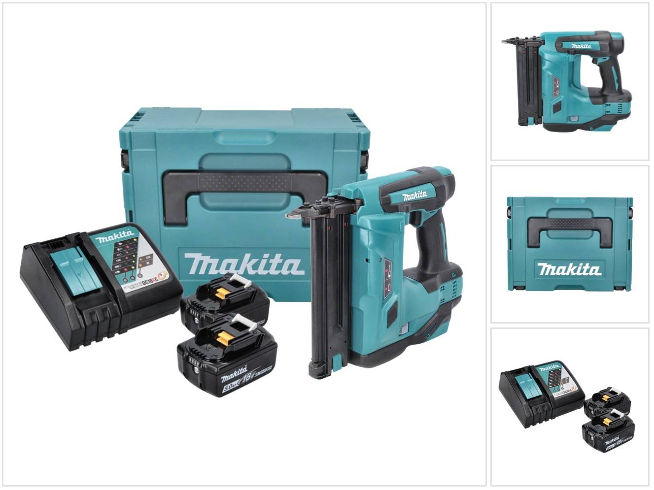 Makita DBN 500 RTJ Akku Stauchkopfnagler 18 V 15-50 mm + 2x Akku 5,0 Ah + Ladegerät + Makpac