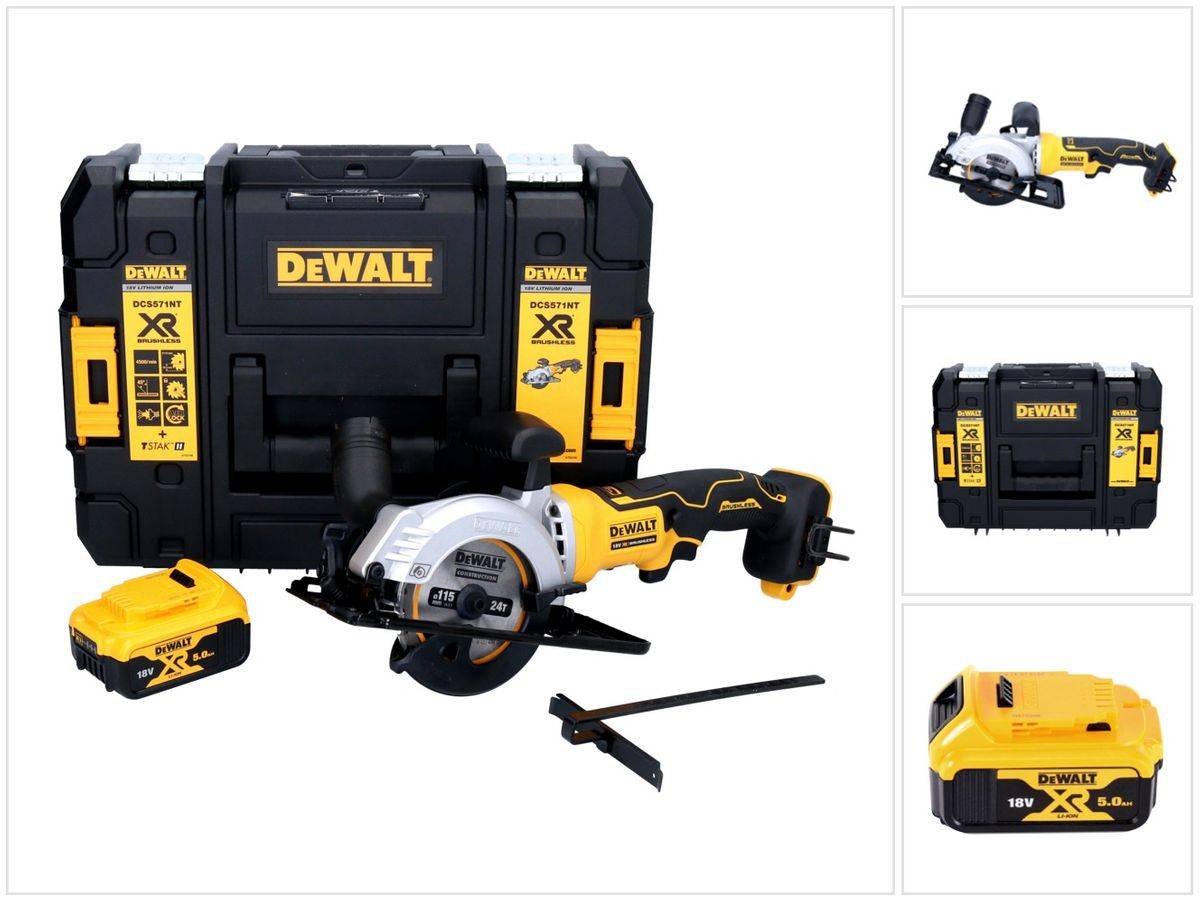 DeWalt DCS 571 Akku Handkreissäge 18 V 115 mm Brushless + 1x Akku 5,0 Ah + TSTAK - ohne Ladegerät