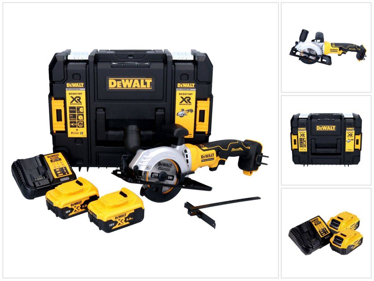 DeWalt DCS 571 P2 Akku Handkreissäge 18 V 115 mm Brushless + 2x Akku 5,0 Ah + Ladegerät + TSTAK