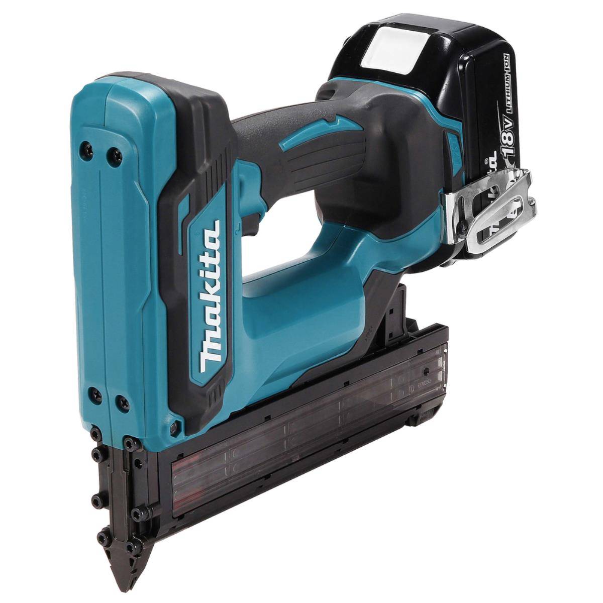 Kabellose Makita-Nagelschussmaschine mit blauem und schwarzem Gehäuse, dargestellt auf weißem Hintergrund.