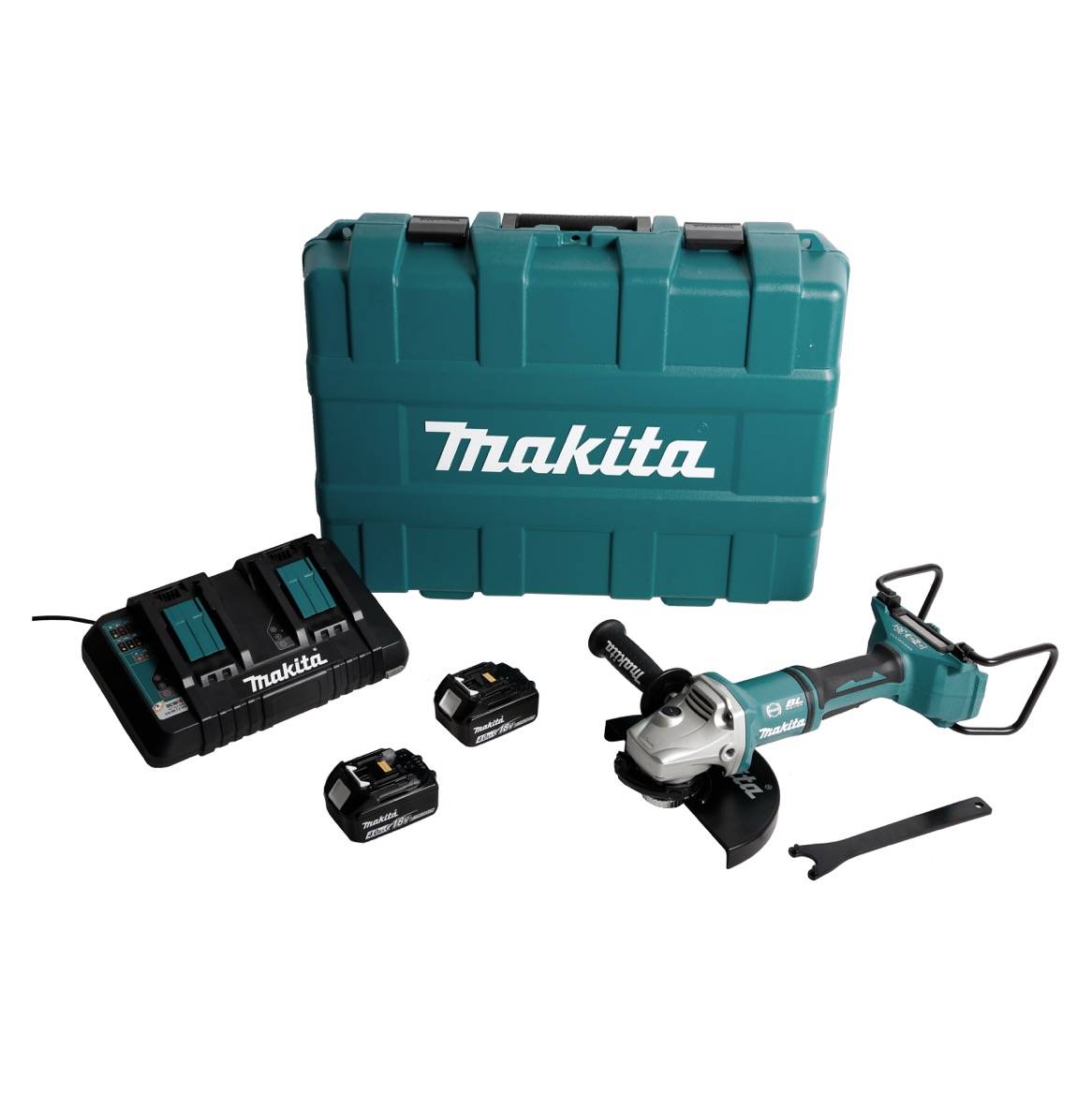 Makita DGA 900 PMKX2 Akku Winkelschleifer 36V ( 2x18V ) 230mm Brushless + 2x Akku 4,0Ah + Doppelladegerät + Ezynut + Koffer