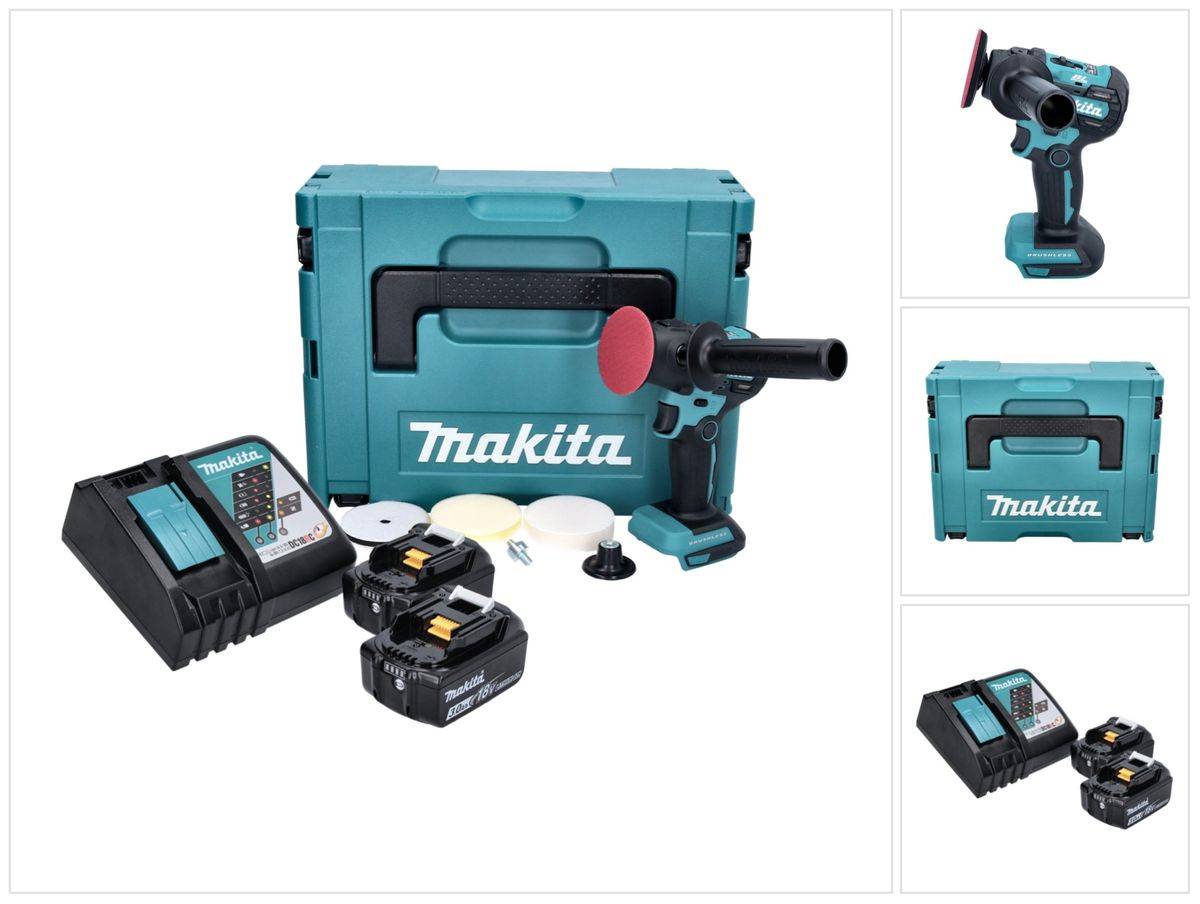 Makita DPV 300 RFJ Akku Schleifer Polierer 18 V 50 / 80 mm Brushless + 2x Akku 3,0 Ah + Ladegerät + Makpac