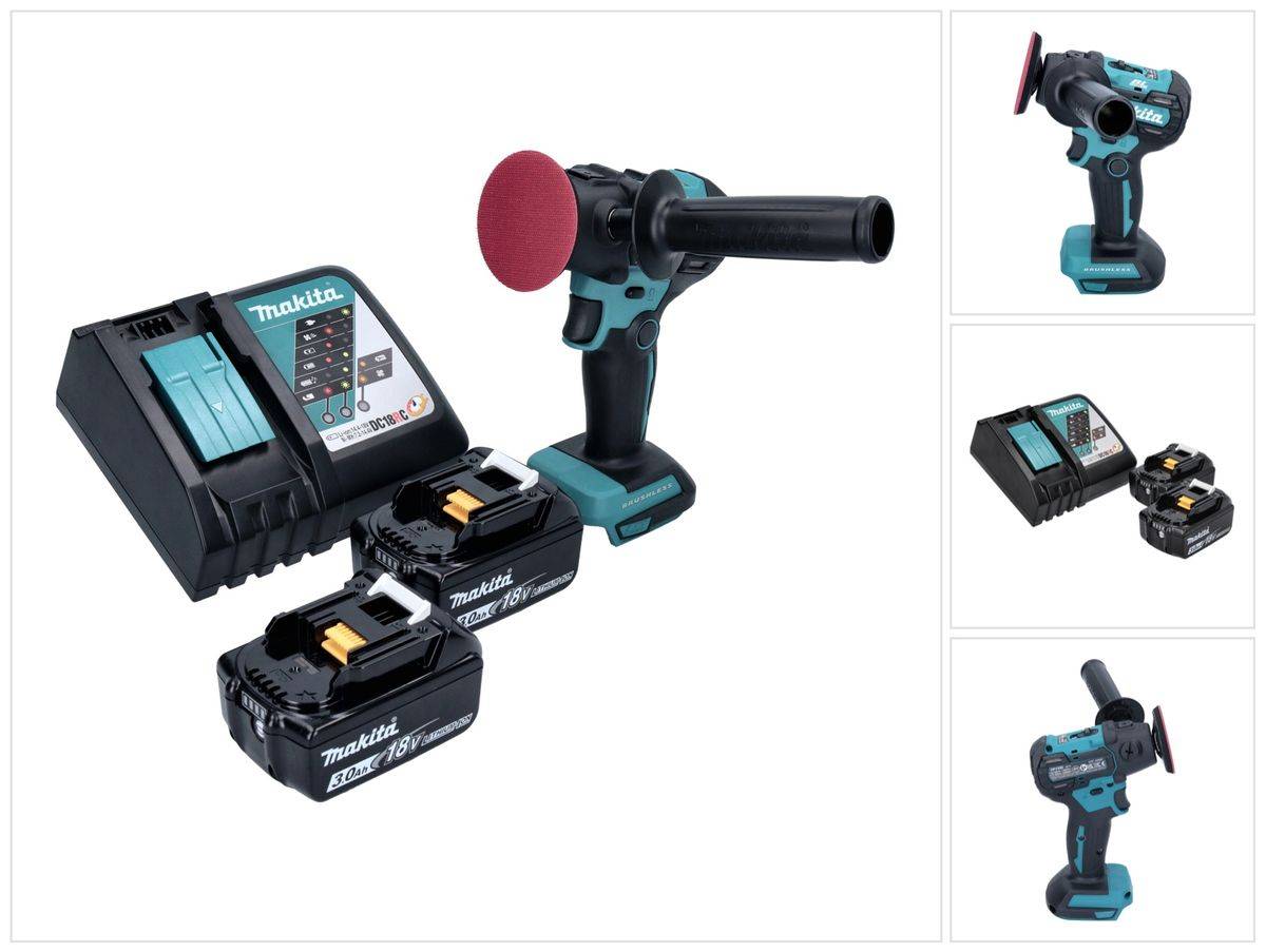 Makita DPV 300 RF Akku Schleifer Polierer 18 V 50 / 80 mm Brushless + 2x Akku 3,0 Ah + Ladegerät