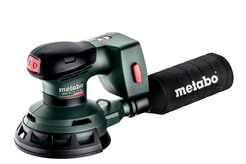 Metabo Akku-Exzenterschleifer mit Staubbeutel, Modell SXA 18 LTX 125 BL, aus einem Winkel gezeigt, der Design und Markenlogo hervorhebt.