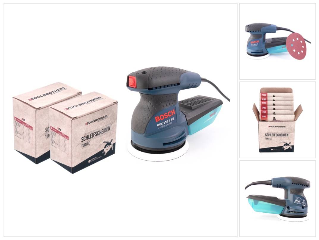 Bosch GEX 125-1 AE Exzenterschleifer 250 Watt 125 mm ( 0601387500 ) + 2x Toolbrothers TURTLE Schleifset