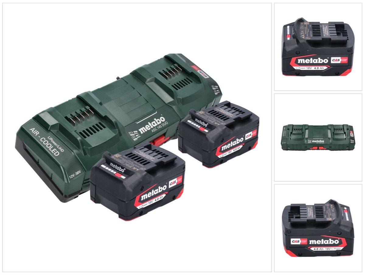 Metabo Basis Set 2x Li-Power Akkupack 18 V 4,0 Ah CAS Li-Ion Akku ( 2x 625027000 ) + ASC 145 DUO Doppel Schnell Ladegerät ( ‭627495000 )