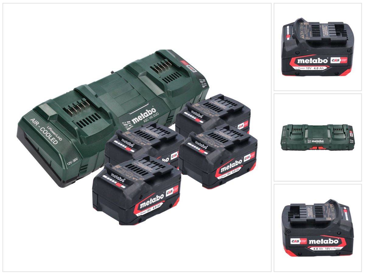 Metabo Basis Set 4x Li-Power Akkupack 18 V 4,0 Ah CAS Li-Ion Akku ( 4x 625027000 ) + ASC 145 DUO Doppel Schnell Ladegerät ( ‭627495000 )