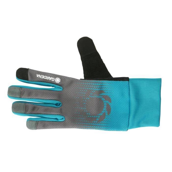 Blau-grauer Gartenhandschuh mit drei freiliegenden Fingerspitzen und einem schwarzen Daumen, dargestellt auf weißem Hintergrund.