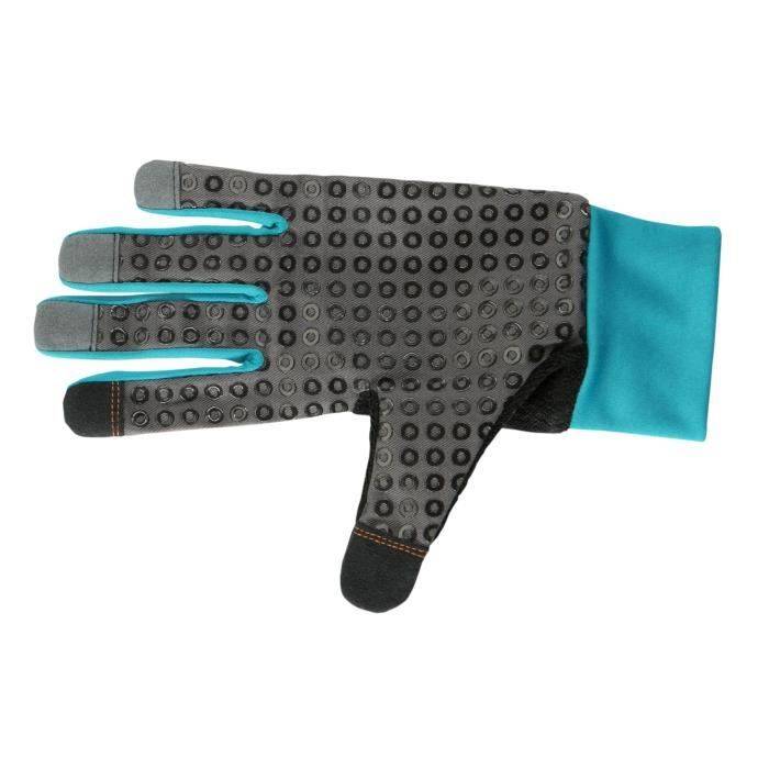 Grau- und türkisblauer Griffhandschuh mit gummiertem Punktmuster, gezeigt auf weißem Hintergrund.