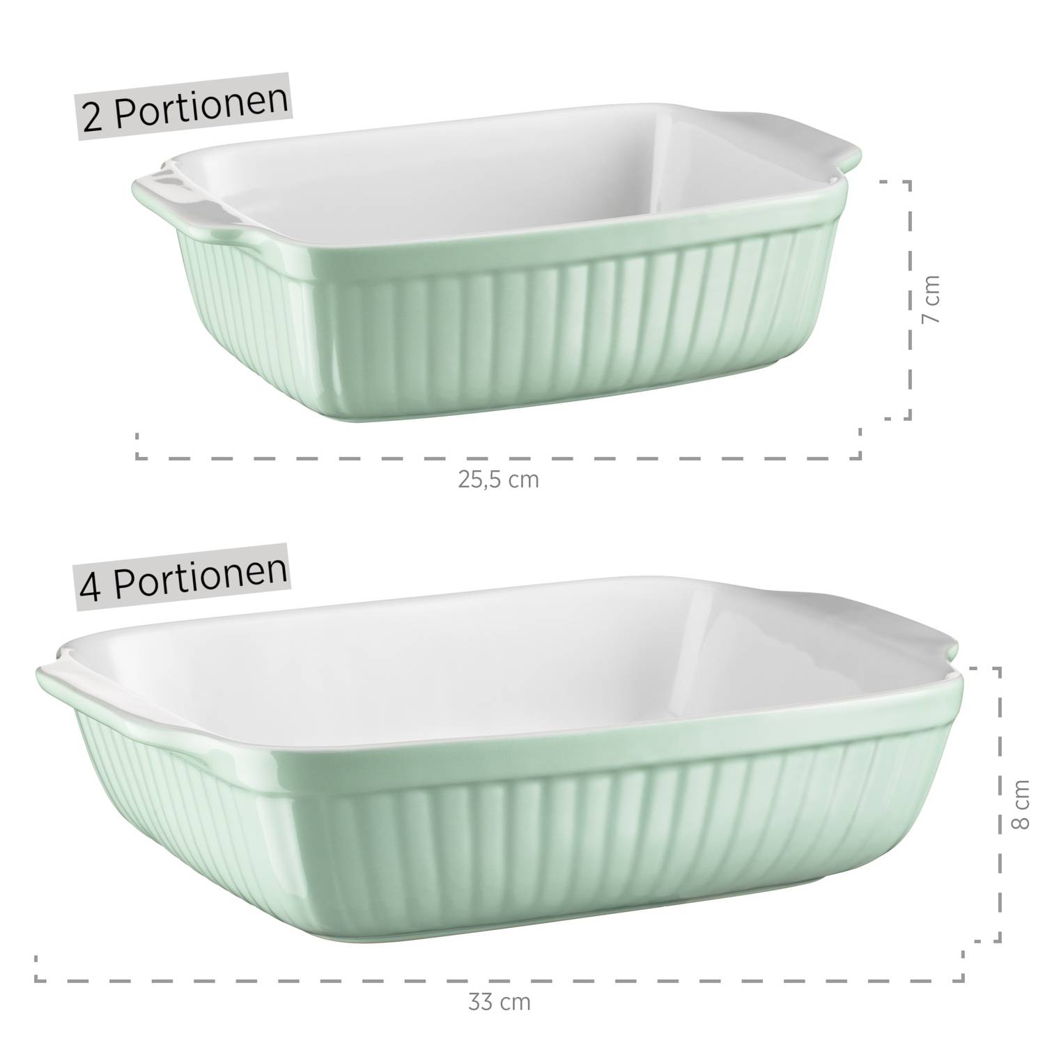Mäser 931136 Kitchen Time Auflaufform, Keramik, rechteckig 33 x 24 x 8 cm + 25,5 x 16 x 7 cm, grün/weiß, 2-teilig (1 Set)