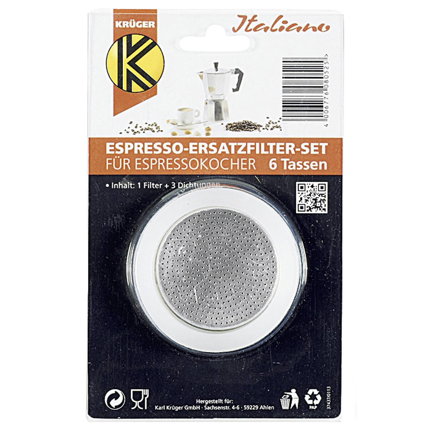 Krüger 505-S Espresso Ersatzfilter-Set für Espressokocher für 6 Tassen, silber/weiß (1 Set)