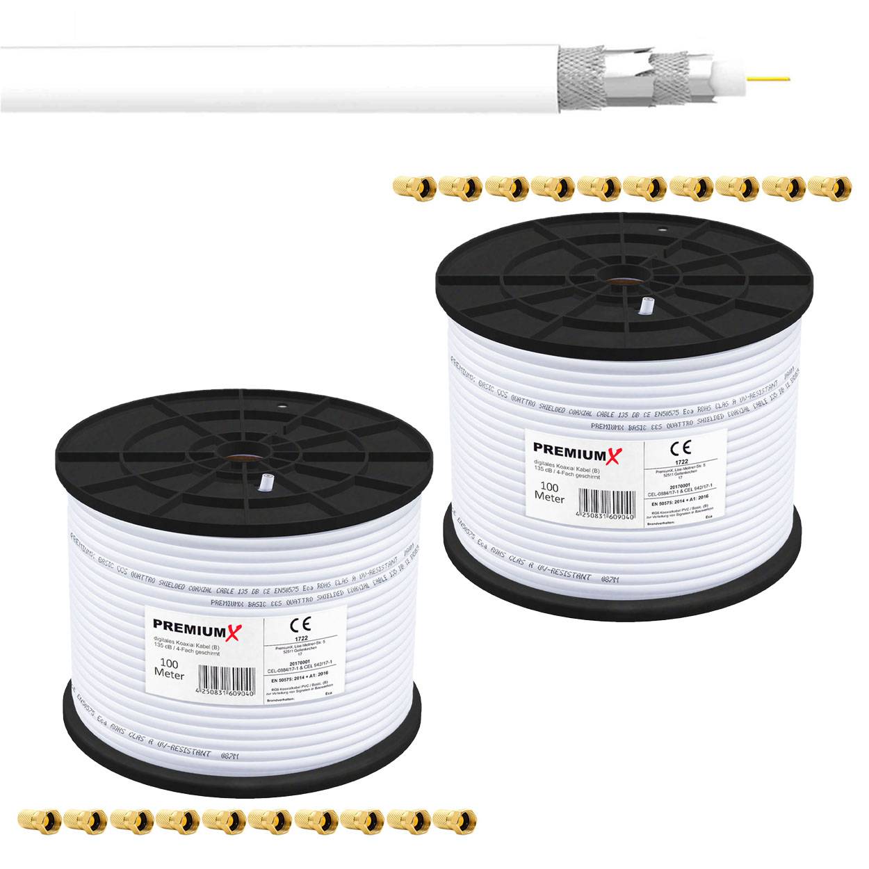 PremiumX 200m 2x 100m BASIC Koaxialkabel 135dB 4-fach SAT Antennenkabel Satellitenkabel Koax-Kabel RG6 Digital 20x F-Stecker