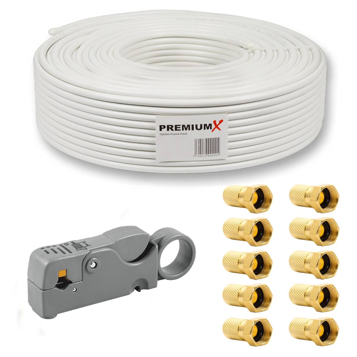 PremiumX 50m BASIC Koaxialkabel 135dB 4-fach SAT Antennenkabel Koax-Kabel RG6 Satellitenkabel Abisolierer 10x F-Stecker 0,44 €/m