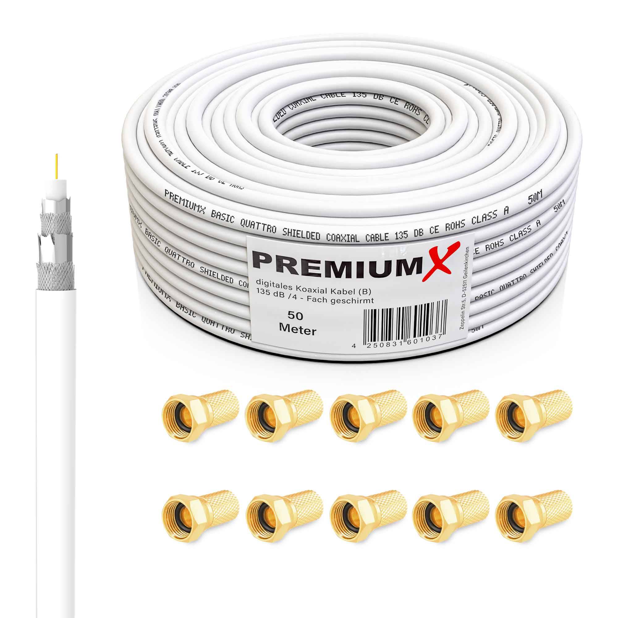 PremiumX 50m BASIC Koaxialkabel 135dB 4-fach SAT Antennenkabel Koax-Kabel RG6 Satellitenkabel 10x F-Stecker 0,38 €/m