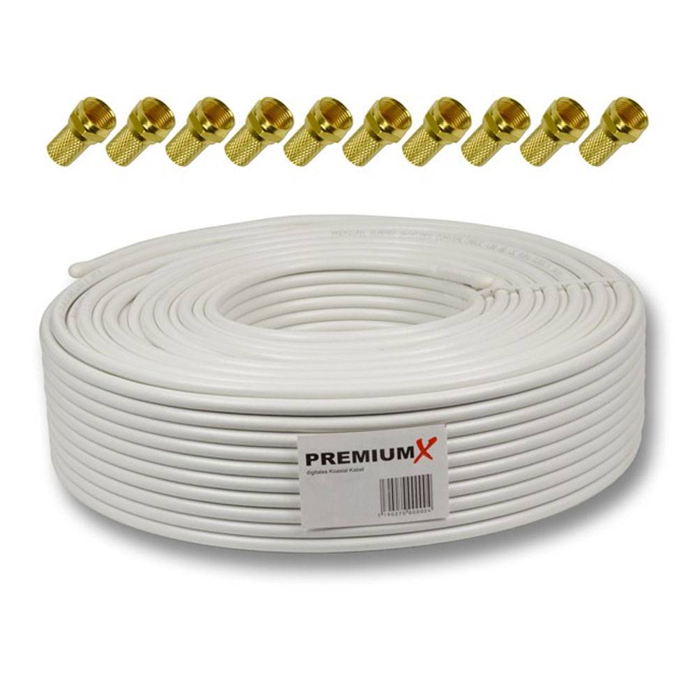 PremiumX 50m BASIC Koaxialkabel 135dB 4-fach SAT Antennenkabel Koax-Kabel RG6 10x F-Stecker