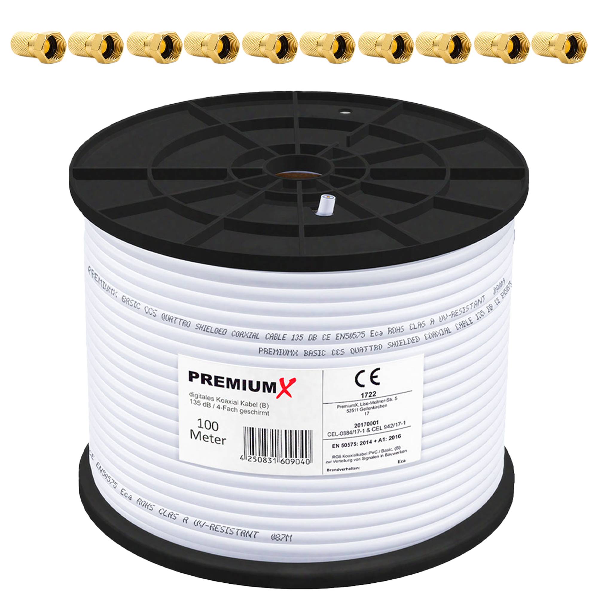 PremiumX 100m BASIC Koaxialkabel 135dB 4-fach SAT Antennenkabel Koax Kabel RG6 ClassA Satellitenkabel 10x F-Stecker