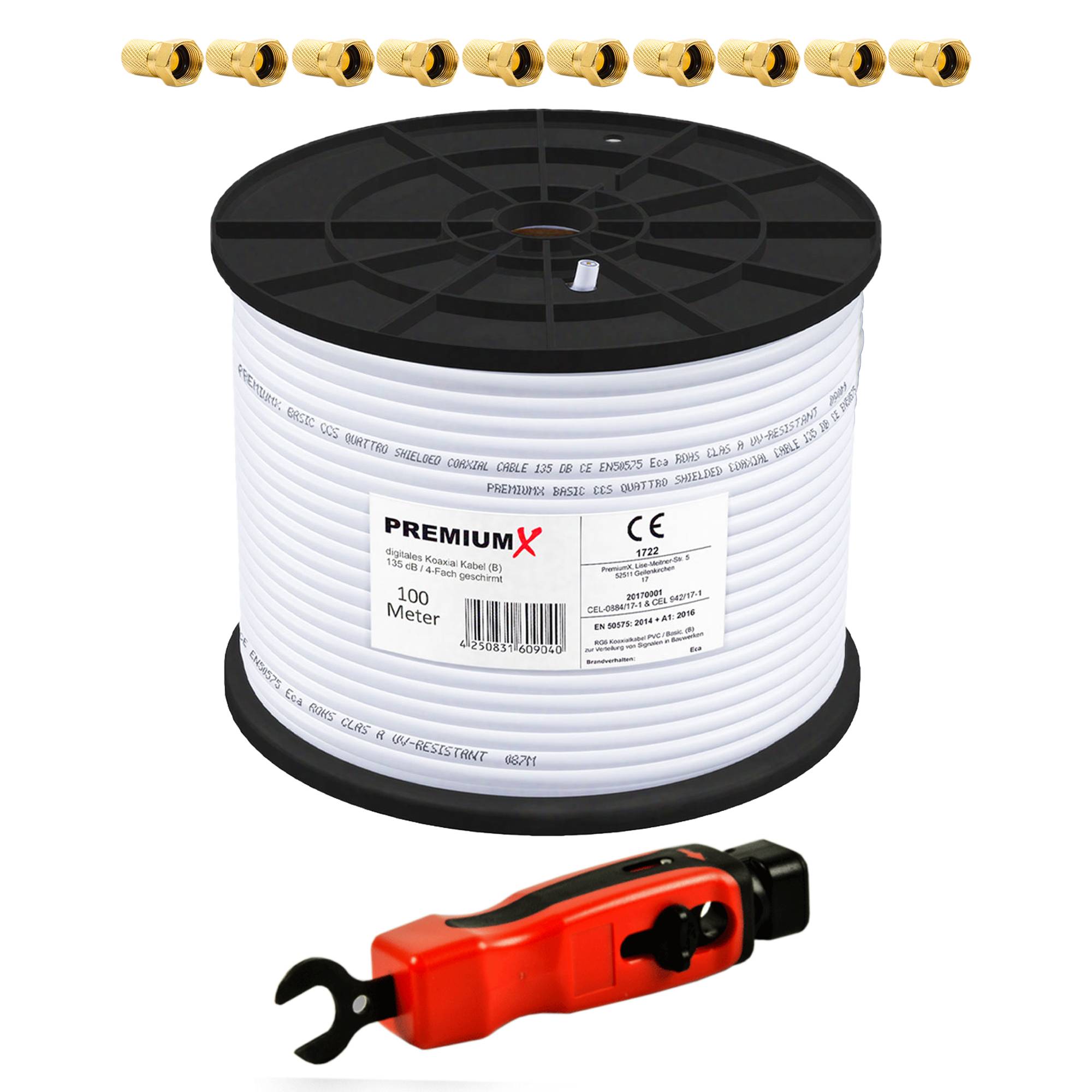 PremiumX 100m BASIC Koaxialkabel 135dB 4-fach SAT Antennenkabel Koax-Kabel RG6 Satellitenkabel Abisolierer 10x F-Stecker