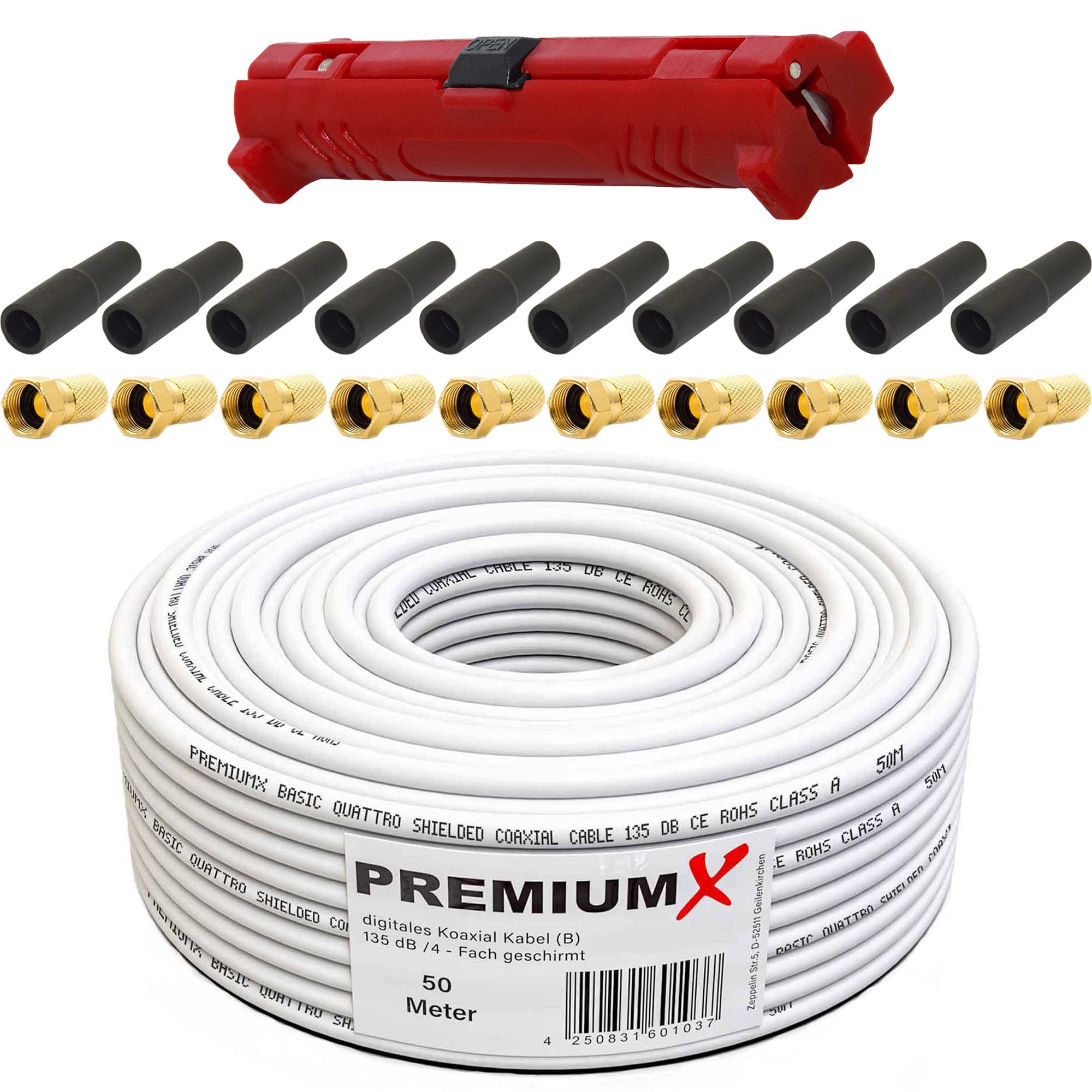 PremiumX 50m BASIC Koaxialkabel 135dB 4-fach SAT TV Antennenkabel Koax-Kabel Satellitenkabel Montage-Set