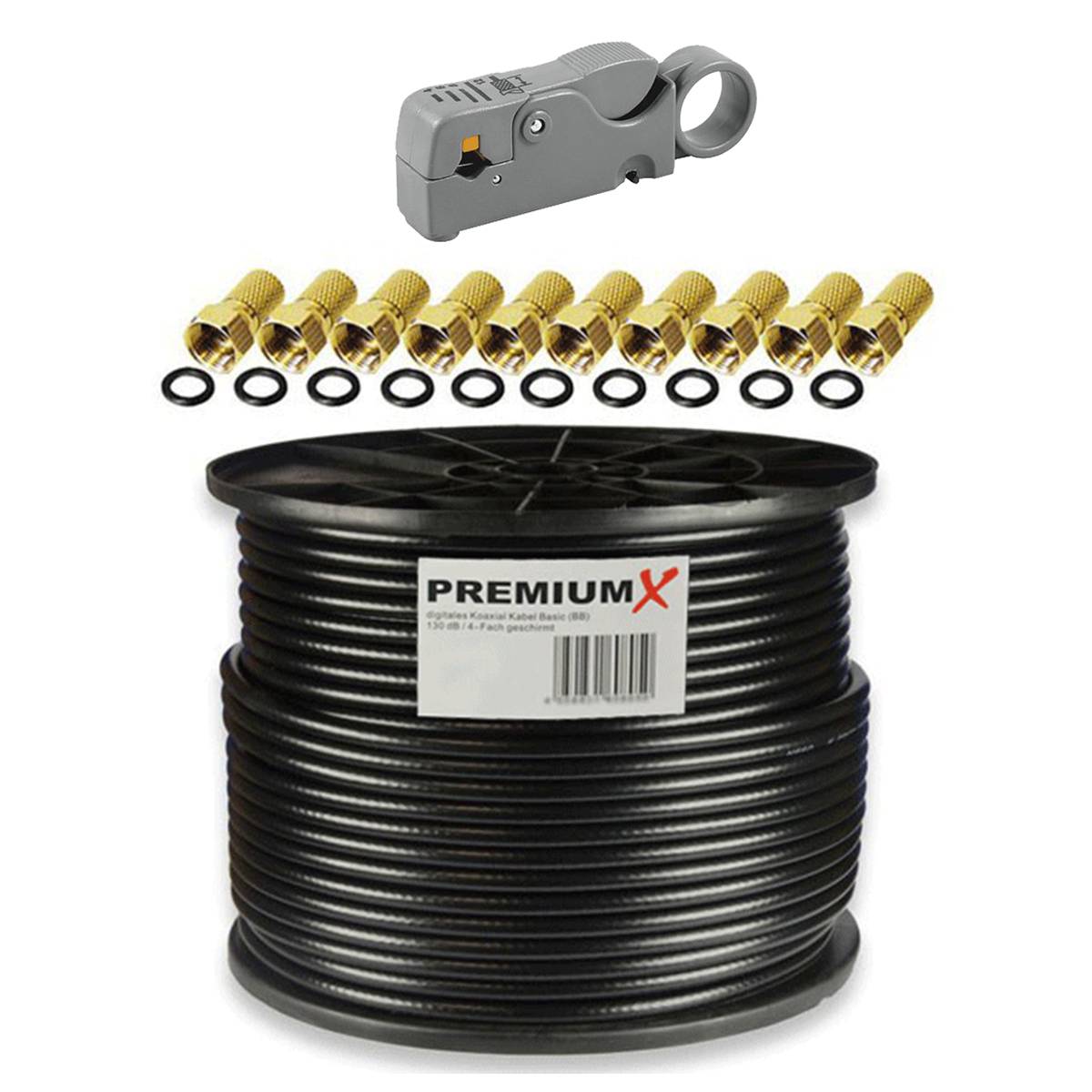 PremiumX 100m BASIC Koaxialkabel schwarz 135dB 4-fach SAT TV Koax-Kabel Antennenkabel Abisolierer 10x F-Stecker 0,36 €/m