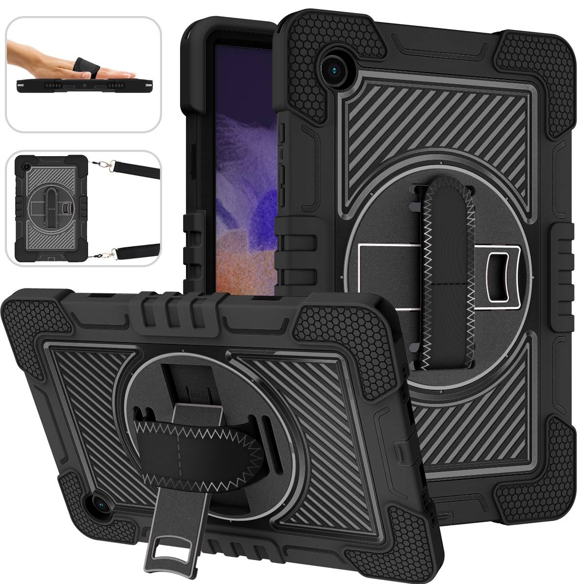 Für Samsung Galaxy Tab A8 2021 X205 X200 aufstellbare Outdoor Hybrid Schwarz 360 Grad mit Halte-Schlaufe Tablet Tasche Etuis Cover Case Schutz Robust