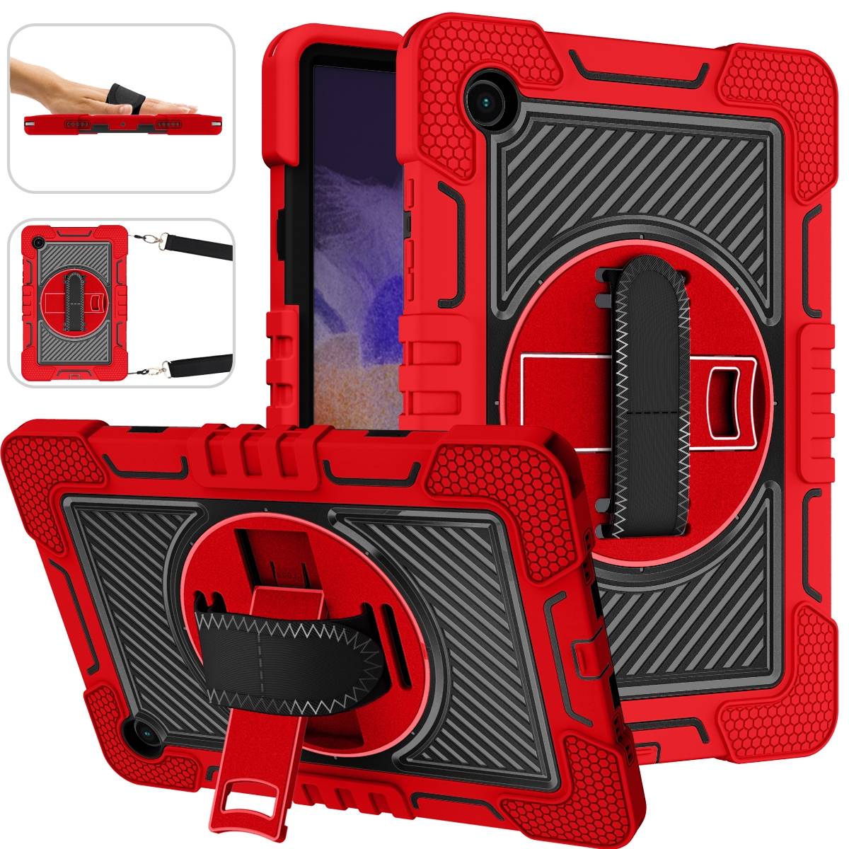 Für Samsung Galaxy Tab A8 2021 X205 X200 aufstellbare Outdoor Hybrid Rot / Schwarz 360 Grad mit Halte-Schlaufe Tablet Tasche Etuis Cover Case Schutz