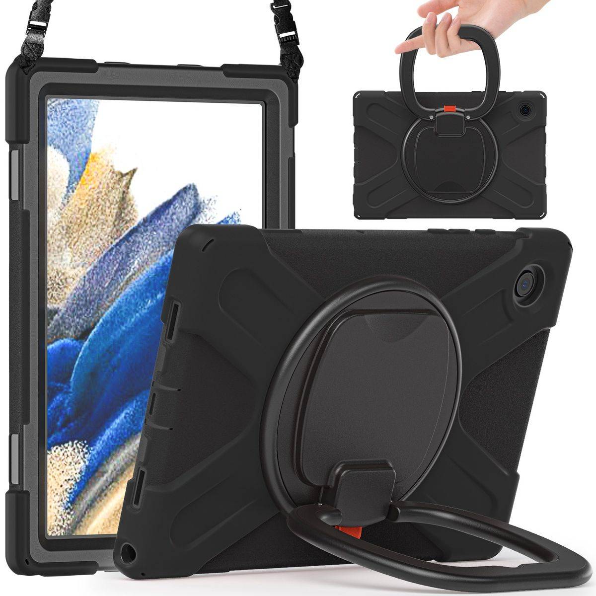 Für Samsung Galaxy Tab A8 2021 X205 X200 aufstellbare Outdoor Hybrid Schwarz 360 Grad mit Trage Gurt Tablet Tasche Etuis Cover Case Schutz Robust Neu