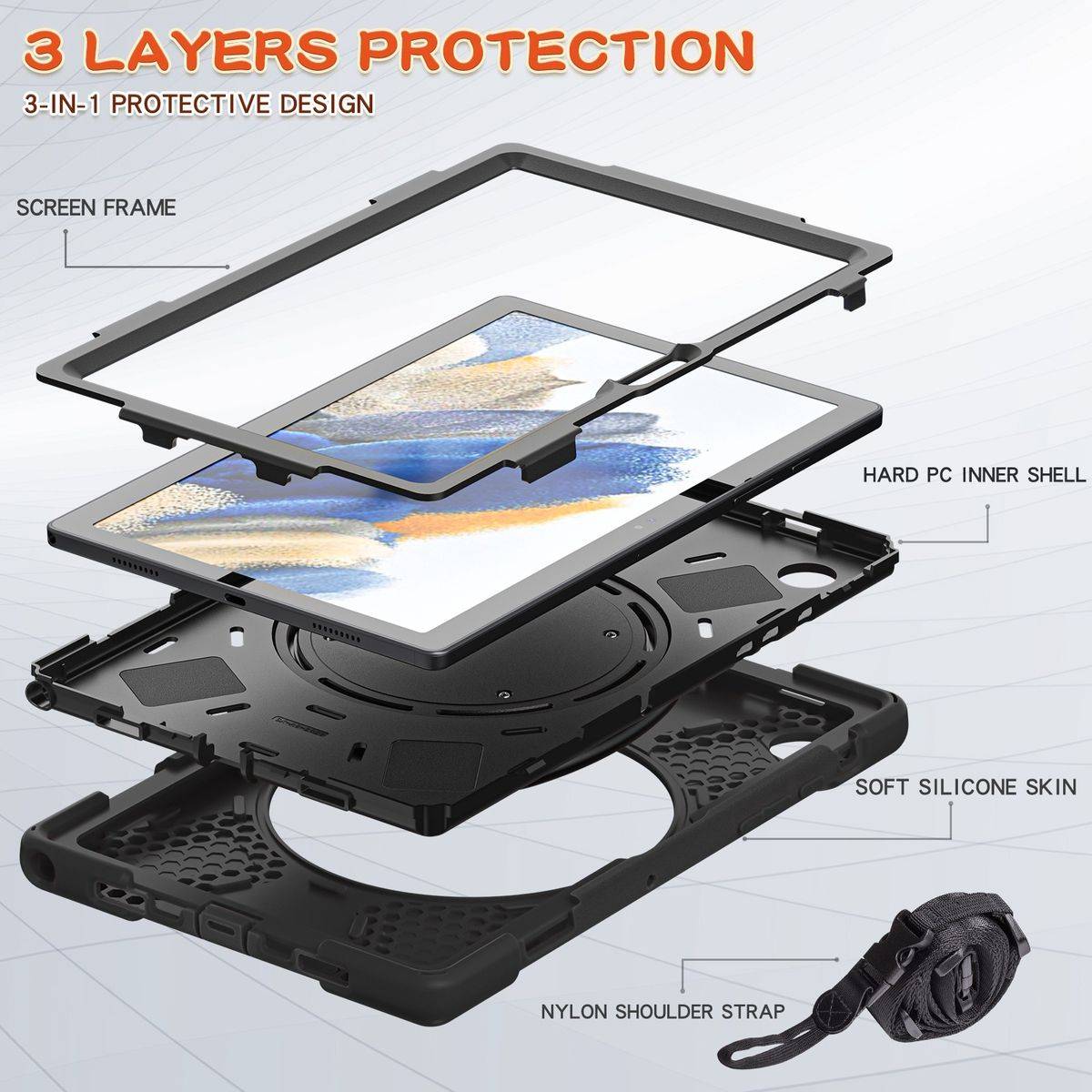Für Samsung Galaxy Tab A8 2021 X205 X200 aufstellbare Outdoor Hybrid Schwarz 360 Grad mit Trage Gurt Tablet Tasche Etuis Cover Case Schutz Robust Neu