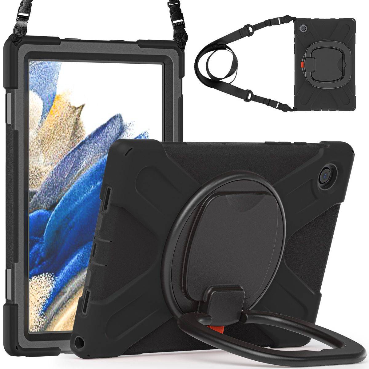 Für Samsung Galaxy Tab A8 2021 X205 X200 aufstellbare Outdoor Hybrid Schwarz 360 Grad mit Trage Gurt Tablet Tasche Etuis Cover Case Schutz Robust Neu