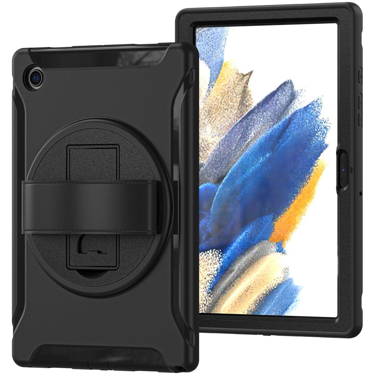 Für Samsung Galaxy Tab A8 2021 X205 X200 aufstellbare Outdoor Hybrid Schwarz 360 Grad mit Trage Gurt Tablet Tasche Etuis Cover Case Schutz Robust Neu