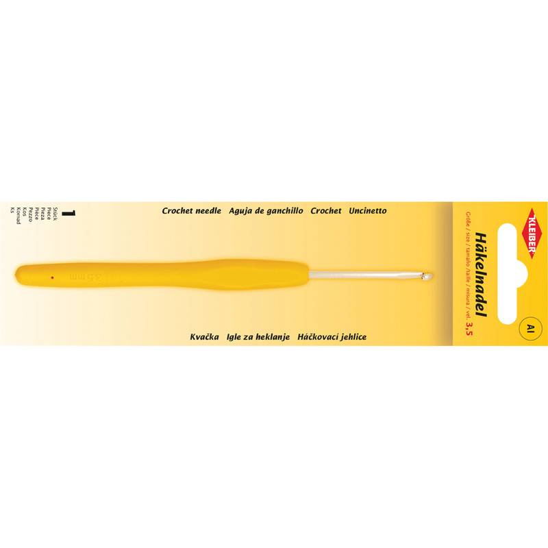 Ein gelber Häkelnadel in Verpackung, beschriftet mit 'Prym' und '3,5 mm', vertikal ausgerichtet mit Text in mehreren Sprachen, die das Werkzeug beschreiben.