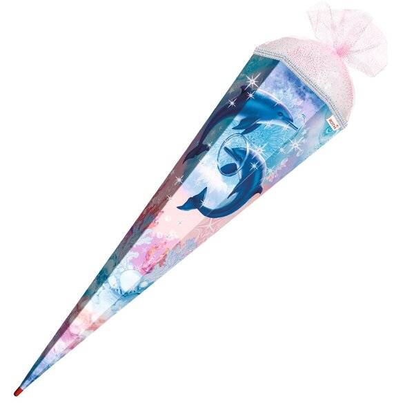 Schultüte Delfine - eckig 85 cm mit Glitzer und Glitzerborte