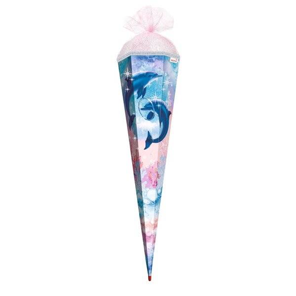 Schultüte Delfine - eckig 85 cm mit Glitzer und Glitzerborte
