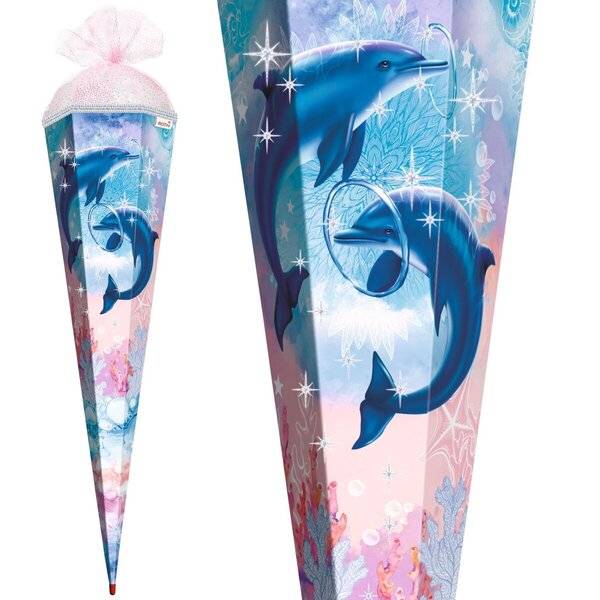 Schultüte Delfine - eckig 85 cm mit Glitzer und Glitzerborte