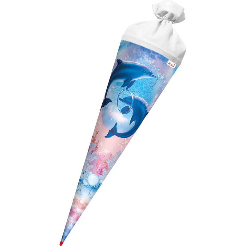 Ein farbenfroher Schultüte mit einem Delfindesign auf einem Farbverlaufshintergrund; wird zum Aufbewahren von Süßigkeiten und Schulmaterialien für Kinder verwendet.