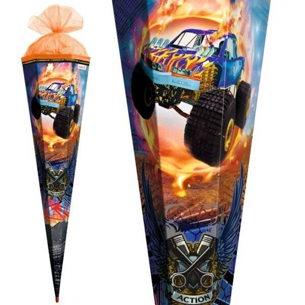 Schultüte Monstertruck Fire - sechseckig 85 cm Spezialborte
