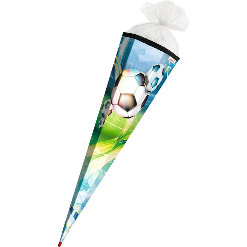 Eine farbenfrohe, kegelvormige Geschenktasche mit Fußballdesigns, die häufig für Einschulungsfeiern verwendet wird.