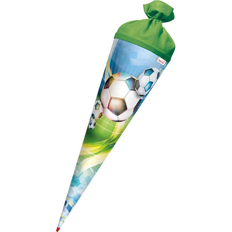 Ein farbenfroher kegelförmiger Schulzuckerluftbeutel mit Fußballdesigns und einer grünen Spitze.