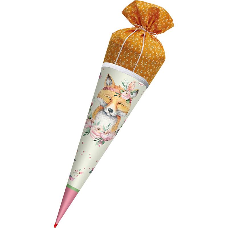 Eine bunte, kegelförmige Geschenktüte mit einer lächelnden Fuchsillustation und floralen Akzenten, oben mit einem orangefarbenen Stoffband zugebunden.