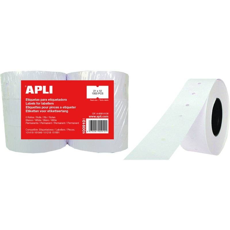 Eine Rolle weißer Etiketten mit roter Verpackung, die die Marke 'APLI' zeigt, in der Größe '23 x 12' und mit '1000 STK'. Geeignet für Beschriftungsanwendungen.