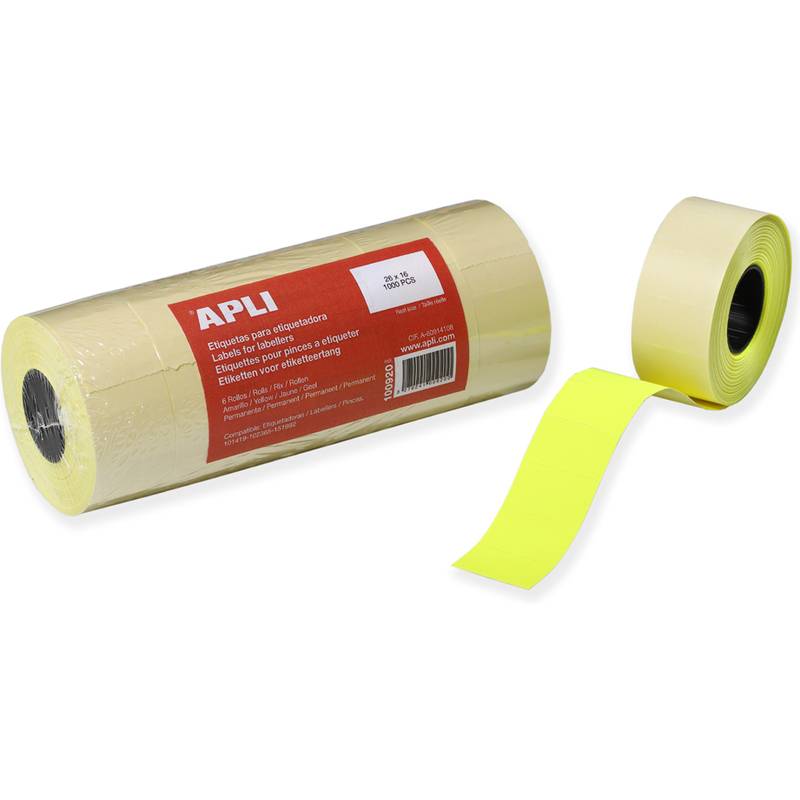 Gelbe Haftnotizen auf einer Rolle mit einem roten Etikett, das die Marke 'APLI' trägt.