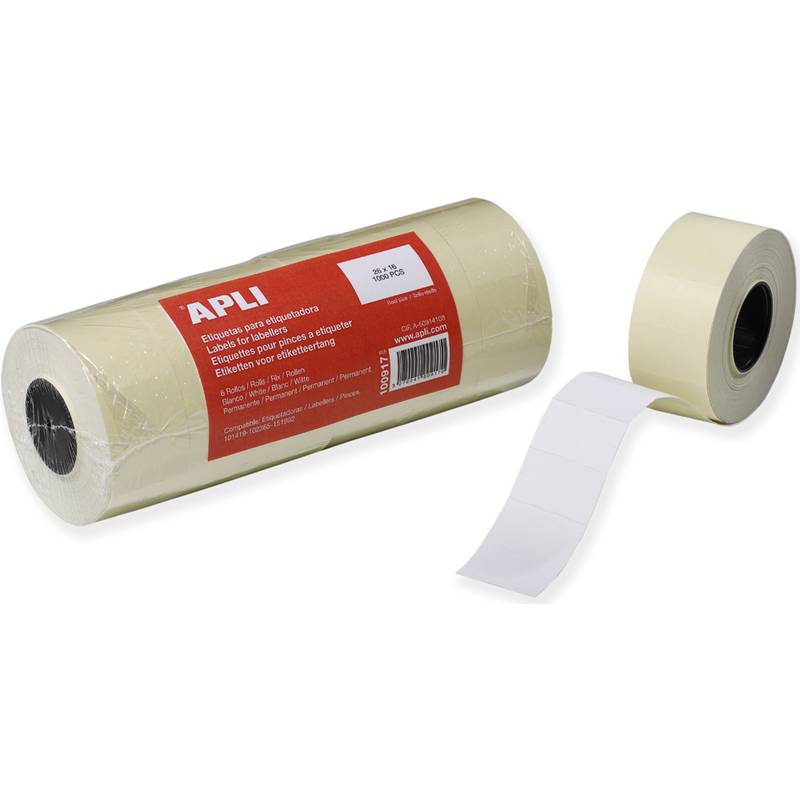 Eine Rolle selbstklebender Etiketten mit einem roten Etikett, die einen einzelnen abgewickelten Streifen weißer Etiketten zeigt. Der Markenname ist auf der Verpackung sichtbar.