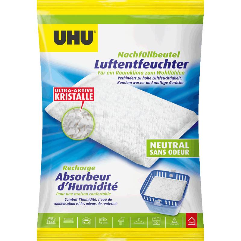 UHU Nachfüllbeutel für einen Luftentfeuchter, beschriftet auf Deutsch und Französisch, mit ultraaktiven Kristallen und neutralem Geruch zur Reduzierung von Feuchtigkeit und Gerüchen.