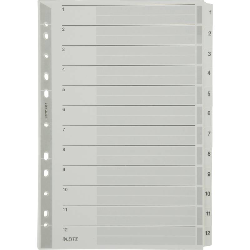 LEITZ Mylarkarton-Register, Zahlen, A4, 1-12, 12-teilig,grau