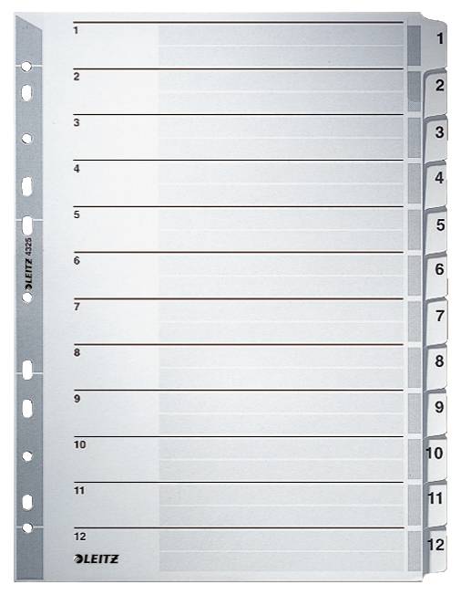 Nummerierte 1-12 Trennreiter-Registerblätter auf einer Ordnereinsatzlage, mit leeren beschrifteten Linien zur Organisierung von Abschnitten.