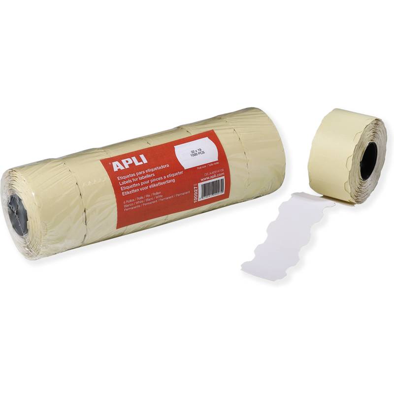 Eine Rolle beiger Klebeetiketten mit einem abgelösten Etikett. Die Rolle hat ein rotes Etikett mit der Aufschrift 