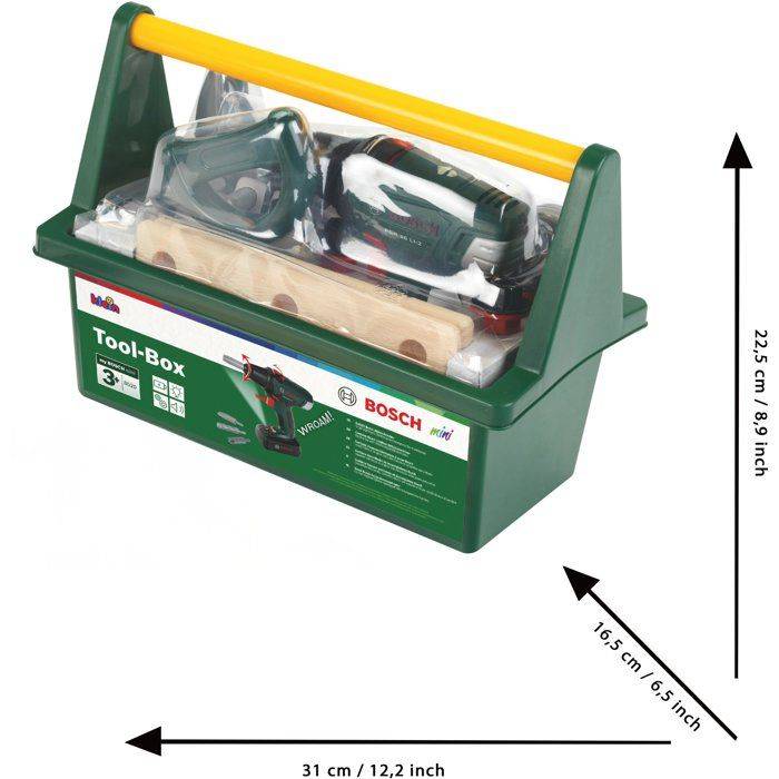Grüne Kunststoff-Bosch-Mini-Werkzeugbox mit durchsichtigem Deckel und gelbem Griff, gezeigt mit den Abmessungen 31 cm breit, 22,5 cm hoch und 16,5 cm tief.