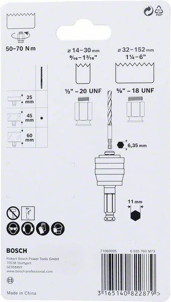Diagramm eines Bohrers und Adapters mit Maßen: 25 mm, 45 mm, 60 mm Längen; 11 mm Durchmesser. Gewindeangaben: 1/2