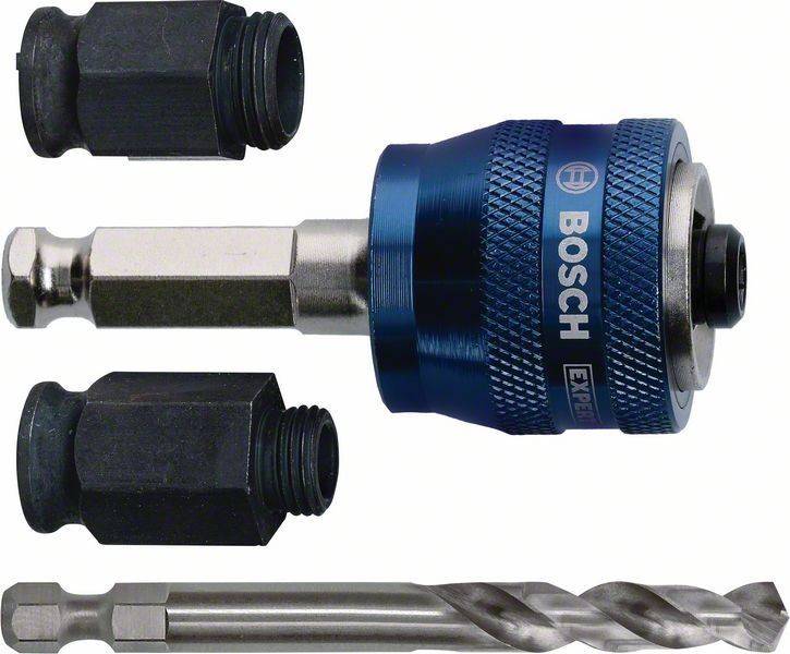 Bosch-Bohrer- und Adaptersets mit zwei schwarzen Adaptern, einem silbernen Bithalter und einem silbernen Bohrer, gekennzeichnet mit ‚EXPERT' und ‚BOSCH'.