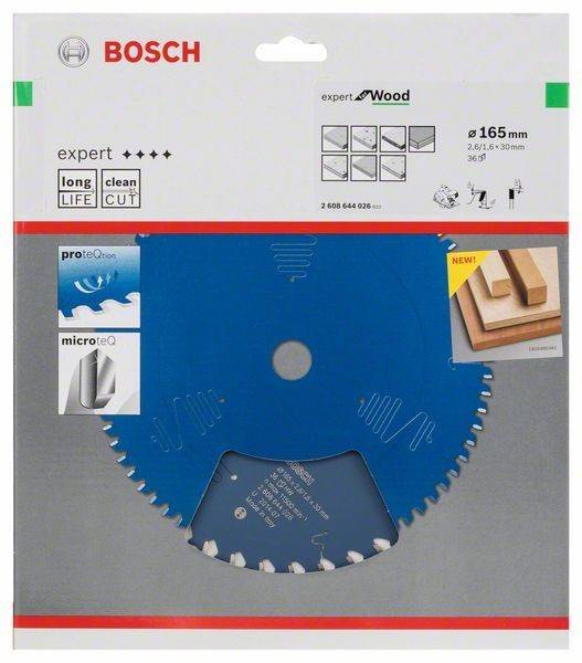 Eine Bosch Kreissägeblatt für Holz, gekennzeichnet als 'Expert' mit 'lange Lebensdauer' und 'sauberen Schnitt' Eigenschaften, 165mm Durchmesser, 36 Zähne.