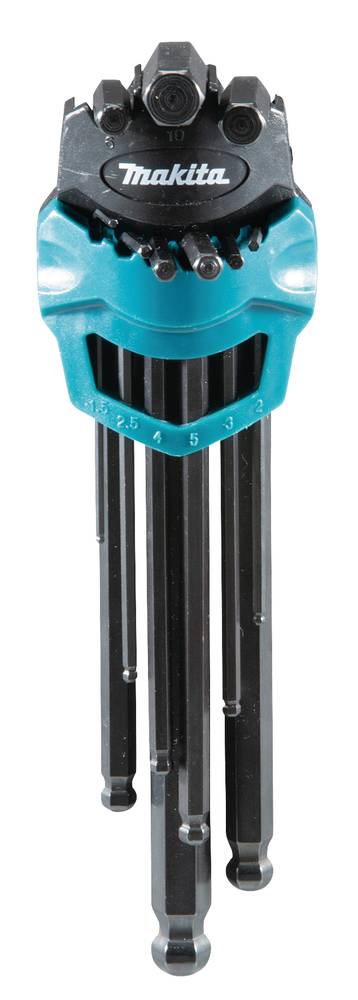 Makita Klappbarer Sechskant-Schlüsselsatz in einem blauen Halter, mit mehreren Inbusschlüsseln verschiedener Größen, die nach unten herunterhängen.